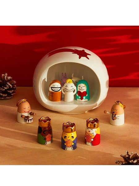 ALESSI Новогоднее Рождественское украшение PRESEPE. Набор фарфоровых фигурок Рождественский вертеп 10+1 шт., ручная роспись, AMGI10SET
