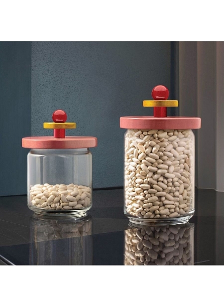 ALESSI, Емкость для хранения, 1000мл стеклянная банка с крышкой из дерева, премиум качество, ES16/100 2, розовый-красный-желтый