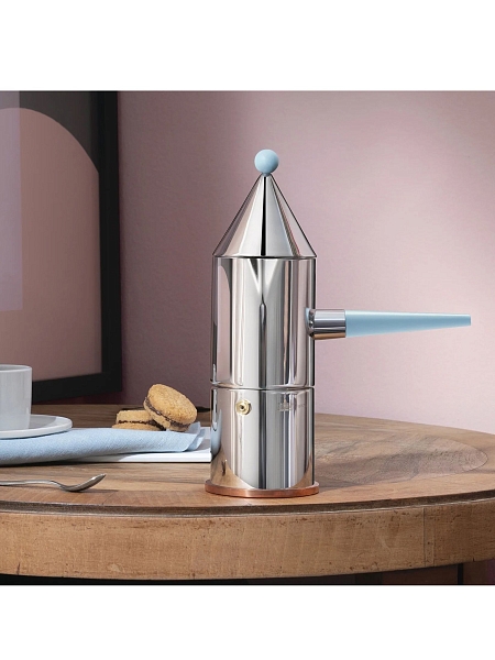 ALESSI Кофеварка для эспрессо гейзерная на 3 чашки. La CONICA manico lungo, 90002 100, голубая ручка