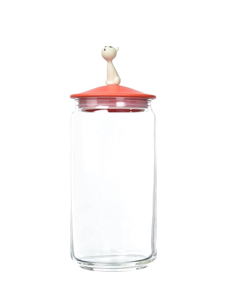 ALESSI Контейнер для корма кошки MIJAR, дизайнерский 1.5л, стеклянная емкость с крышкой из термопласта с фигуркой кошки AMMI22 RO, красный