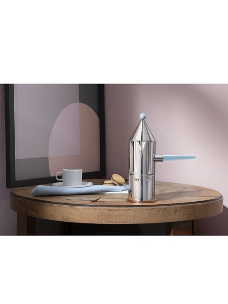 ALESSI Кофеварка для эспрессо гейзерная на 3 чашки. La CONICA manico lungo, 90002 100, голубая ручка