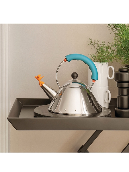 ALESSI Чайник с птичкой 1л. 9093/1 LAZ, для плиты, культовая дизайнерская модель, нержавеющая сталь, индукция, голубой