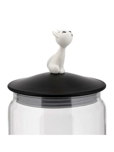ALESSI Контейнер для корма кошки MIJAR, дизайнерский 1.5л, стеклянная емкость с крышкой из термопласта с фигуркой кошки AMMI22 B, черный