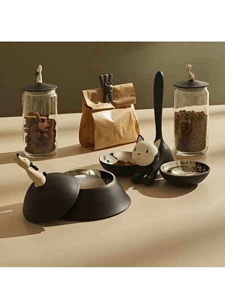 ALESSI Миска для кошки с двумя отделениями TIGRITO, нержавеющая сталь, термопластик, арт. AMMI09 B, черная