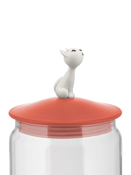 ALESSI Контейнер для корма кошки MIJAR, дизайнерский 1.5л, стеклянная емкость с крышкой из термопласта с фигуркой кошки AMMI22 RO, красный