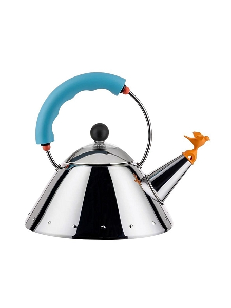 ALESSI Чайник с птичкой 1л. 9093/1 LAZ, для плиты, культовая дизайнерская модель, нержавеющая сталь, индукция, голубой