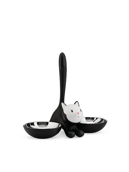 ALESSI Миска для кошки с двумя отделениями TIGRITO, нержавеющая сталь, термопластик, арт. AMMI09 B, черная