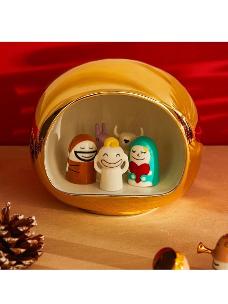 ALESSI Новогоднее Рождественское украшение PRESEPE. Набор фарфоровых фигурок Рождественский вертеп 5+1 шт., ручная роспись, AMGI10 GD