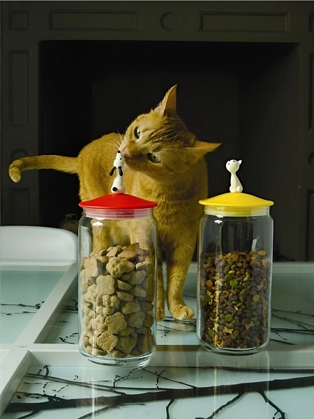 ALESSI Контейнер для корма кошки MIJAR, дизайнерский 1.5л, стеклянная емкость с крышкой из термопласта с фигуркой кошки AMMI22 RO, красный