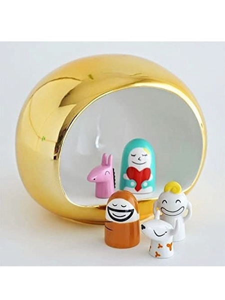 ALESSI Новогоднее Рождественское украшение PRESEPE. Набор фарфоровых фигурок Рождественский вертеп 5+1 шт., ручная роспись, AMGI10 GD