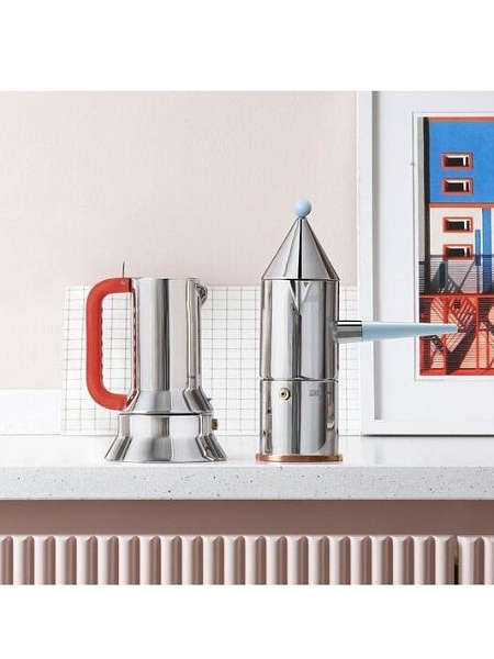 ALESSI Кофеварка для эспрессо гейзерная на 3 чашки. La CONICA manico lungo, 90002 100, голубая ручка