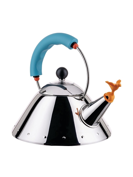 ALESSI Чайник с птичкой 1л. 9093/1 LAZ, для плиты, культовая дизайнерская модель, нержавеющая сталь, индукция, голубой