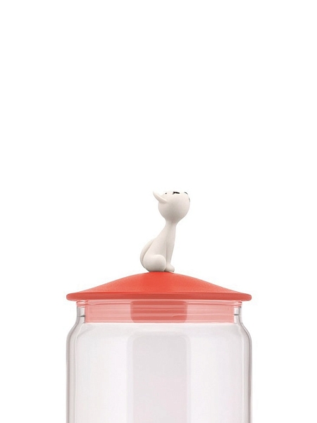 ALESSI Контейнер для корма кошки MIJAR, дизайнерский 1.5л, стеклянная емкость с крышкой из термопласта с фигуркой кошки AMMI22 RO, красный