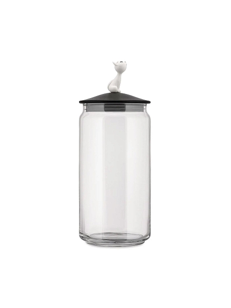 ALESSI Контейнер для корма кошки MIJAR, дизайнерский 1.5л, стеклянная емкость с крышкой из термопласта с фигуркой кошки AMMI22 B, черный