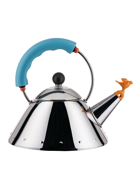 ALESSI Чайник с птичкой 1л. 9093/1 LAZ, для плиты, культовая дизайнерская модель, нержавеющая сталь, индукция, голубой