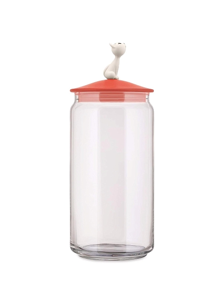 ALESSI Контейнер для корма кошки MIJAR, дизайнерский 1.5л, стеклянная емкость с крышкой из термопласта с фигуркой кошки AMMI22 RO, красный