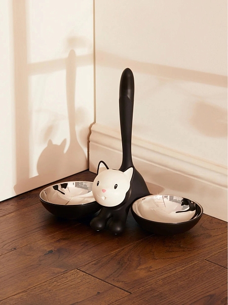 ALESSI Миска для кошки с двумя отделениями TIGRITO, нержавеющая сталь, термопластик, арт. AMMI09 B, черная