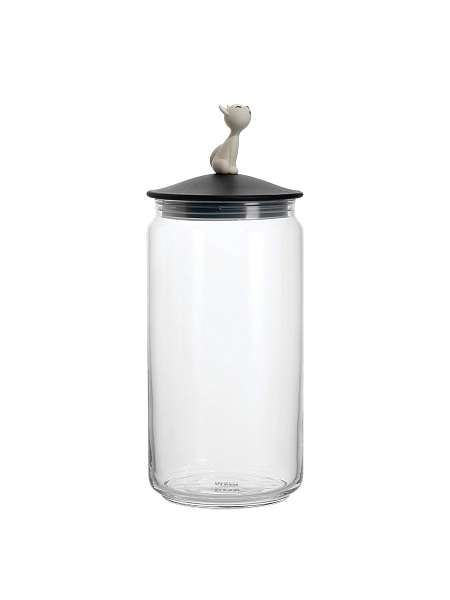 ALESSI Контейнер для корма кошки MIJAR, дизайнерский 1.5л, стеклянная емкость с крышкой из термопласта с фигуркой кошки AMMI22 B, черный